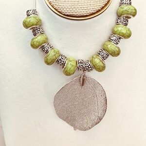 925 Sterling Silver Chain. Delicate Leaf Pendant. Green Watermark Beads.